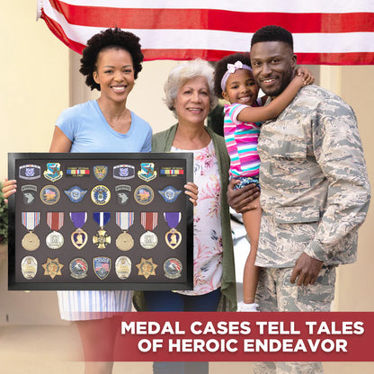 Medals, Pins, Awards, Ribbons, Insignia, & Patches Display Case - Medium UV Protection Black Wood