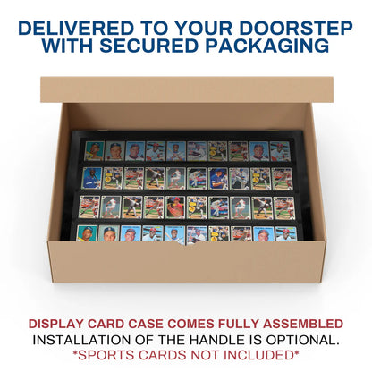 Card display case in a cardboard box with text about delivery and assembly.