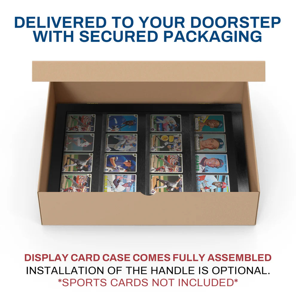Card display case in a cardboard box with text about delivery and assembly.