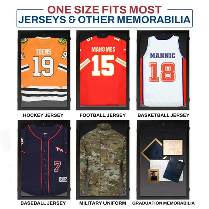 Wall-mounted jersey display case designed to protect and showcase autographed football, basketball, baseball, or hockey jerseys