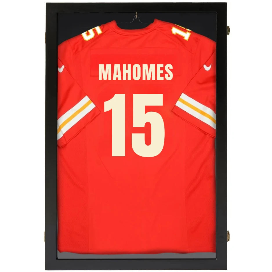 Large jersey display case with black frame and clear protective front panel for displaying full-size sports jerseys