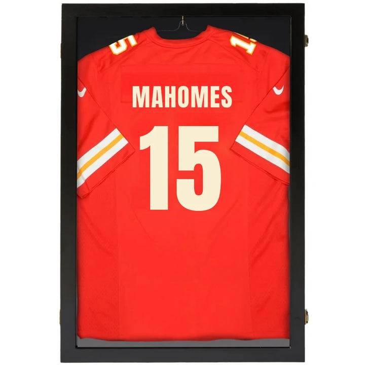 Large jersey display case with black frame and clear protective front panel for displaying full-size sports jerseys