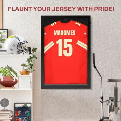 Close-up of large jersey display case frame and clear front panel for protecting signed sports jerseys from dust and handling