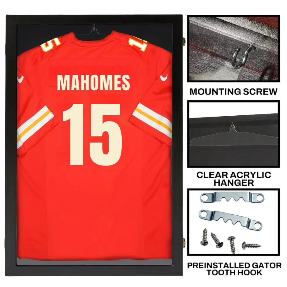 Large wall-mounted jersey display case showcasing a sports jersey as framed memorabilia in a collector room