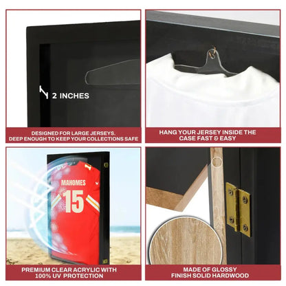 Open jersey display case with interior hanging space for displaying a full-size collectible sports jersey