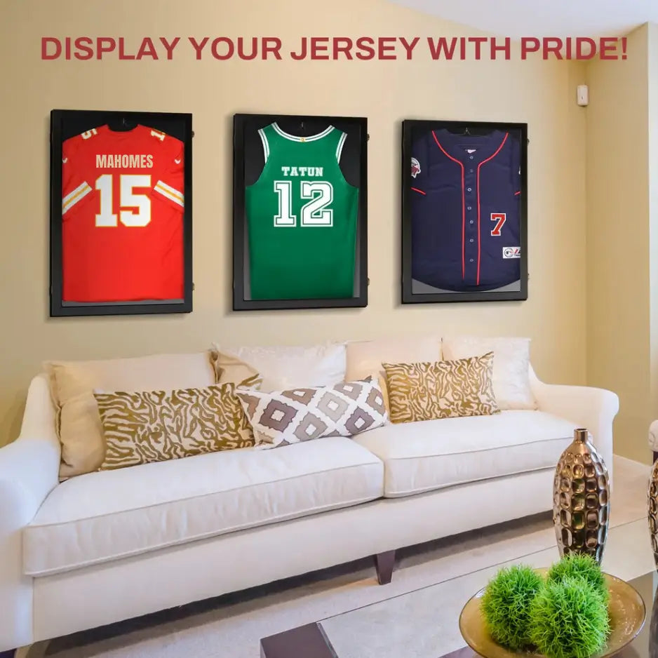 Angled view of large jersey display case with black frame and clear panel for sports memorabilia display