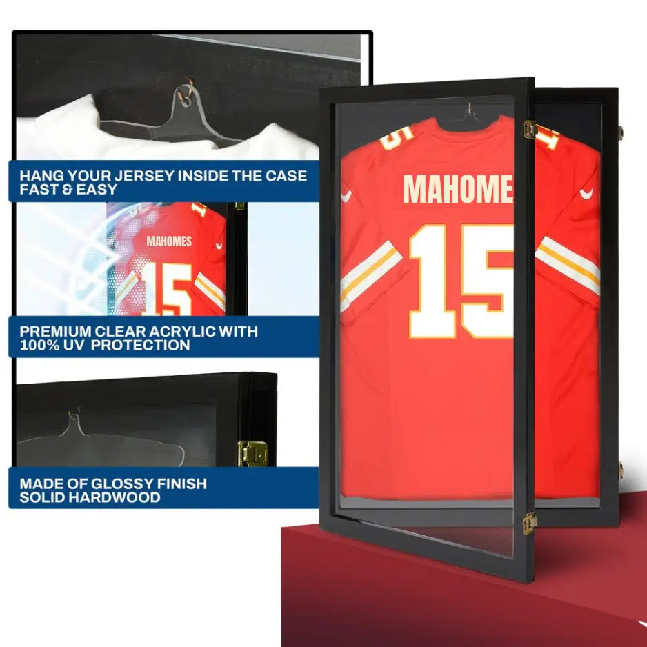Large jersey display case with black frame and clear protective front panel for showcasing and preserving full-size sports jerseys