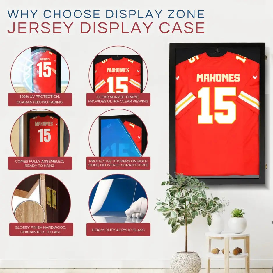 Jersey display case with hanger setup for neatly presenting a full-size sports jersey inside a protective frame