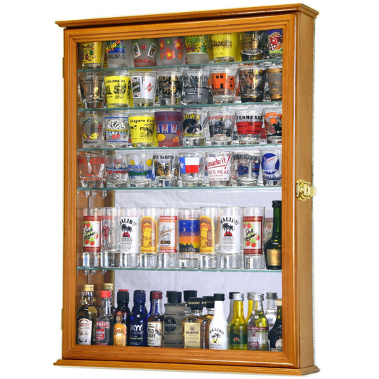 Large Mirror Backed and 7 Glass Shelves Shot Glasses Display Case Cabinet UV Protection Oak Wood
