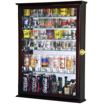 Large Mirror Backed and 7 Glass Shelves Shot Glasses Display Case Cabinet UV Protection Cherry Wood
