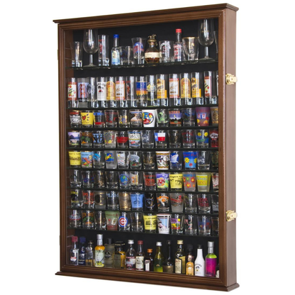 Large Tall Shot Glass, Shooter, Mini Liquor Bottle Display Case Cabinet UV Protection Walnut Wood