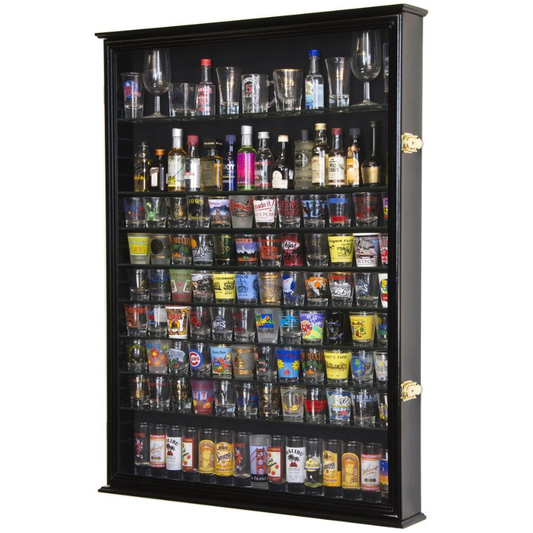 Large Tall Shot Glass, Shooter, Mini Liquor Bottle Display Case Cabinet UV Protection Black Wood