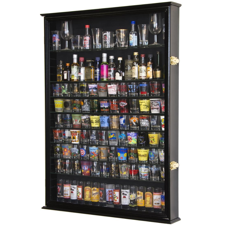 Large Tall Shot Glass, Shooter, Mini Liquor Bottle Display Case Cabinet UV Protection Black Wood