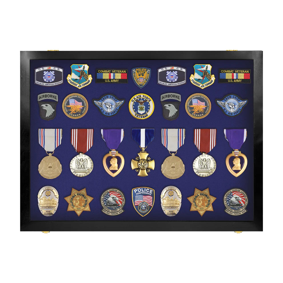 Medals, Pins, Awards, Ribbons, Insignia, & Patches Display Case - Medium UV Protection Black Wood