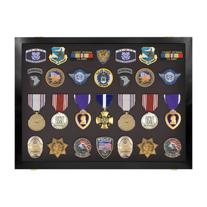 Medals, Pins, Awards, Ribbons, Insignia, & Patches Display Case - Medium UV Protection Black Wood