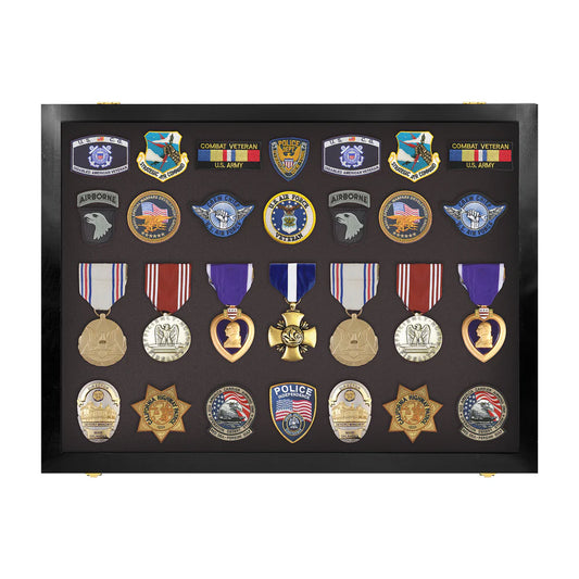 Medals, Pins, Awards, Ribbons, Insignia, & Patches Display Case - Medium UV Protection Black Wood