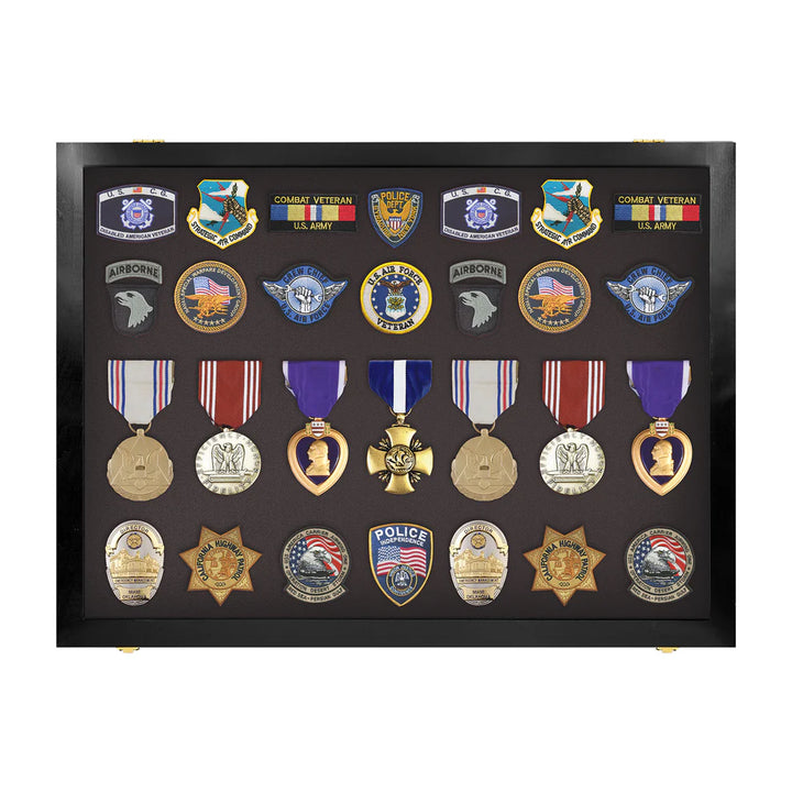 Medals, Pins, Awards, Ribbons, Insignia, & Patches Display Case - Medium UV Protection Black Wood