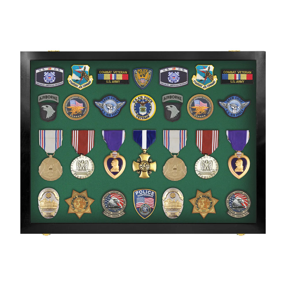 Medals, Pins, Awards, Ribbons, Insignia, & Patches Display Case - Medium UV Protection Black Wood
