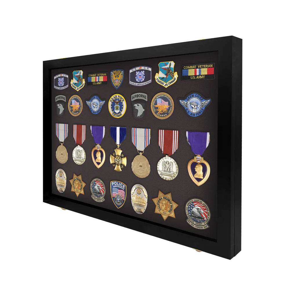 Medals, Pins, Awards, Ribbons, Insignia, & Patches Display Case - Medium UV Protection Black Wood