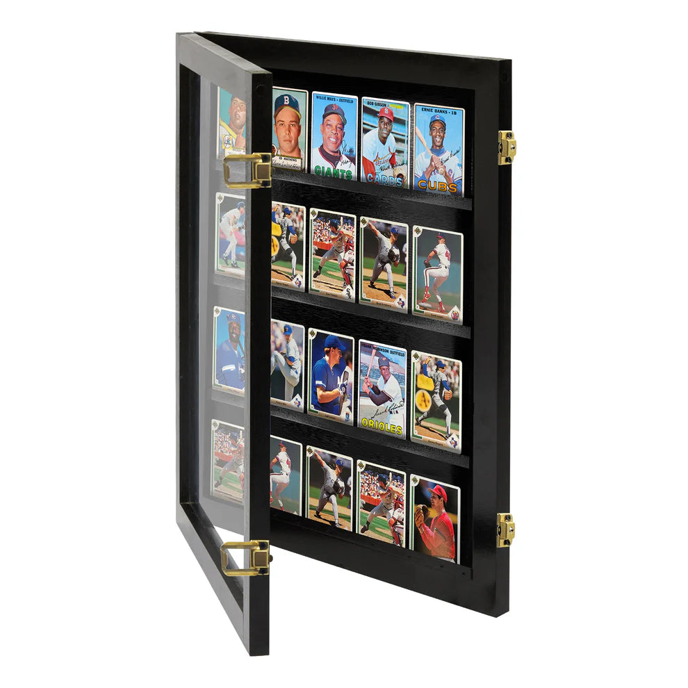 Black display case with glass front holding various baseball trading cards.