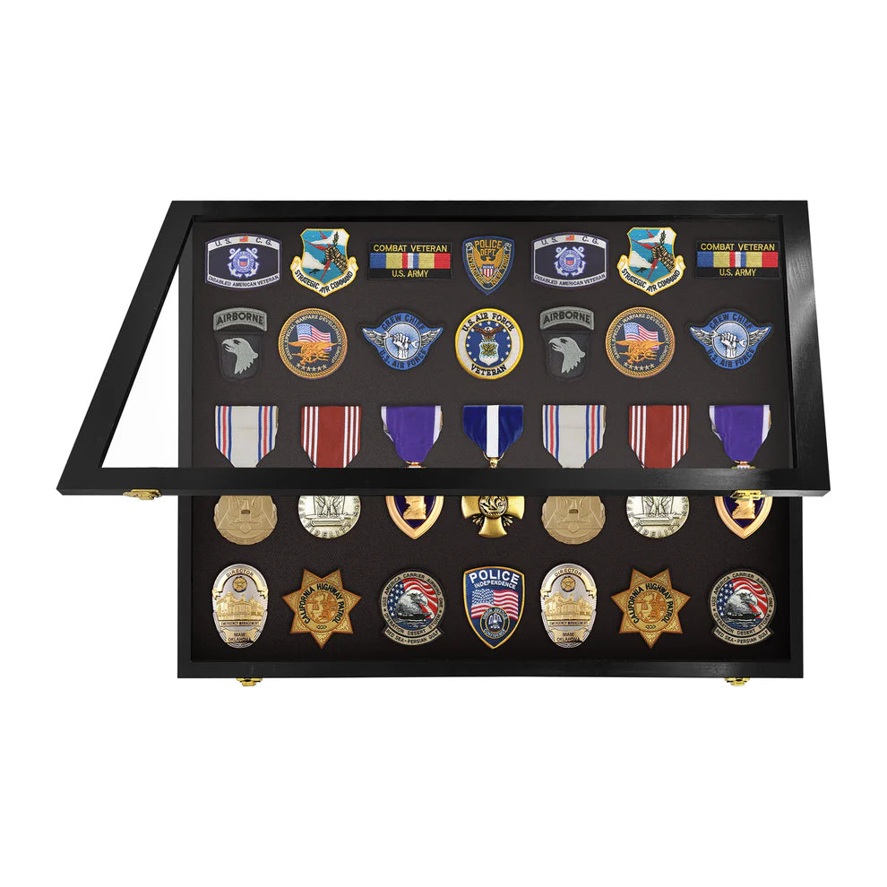 Medals, Pins, Awards, Ribbons, Insignia, & Patches Display Case - Medium UV Protection Black Wood