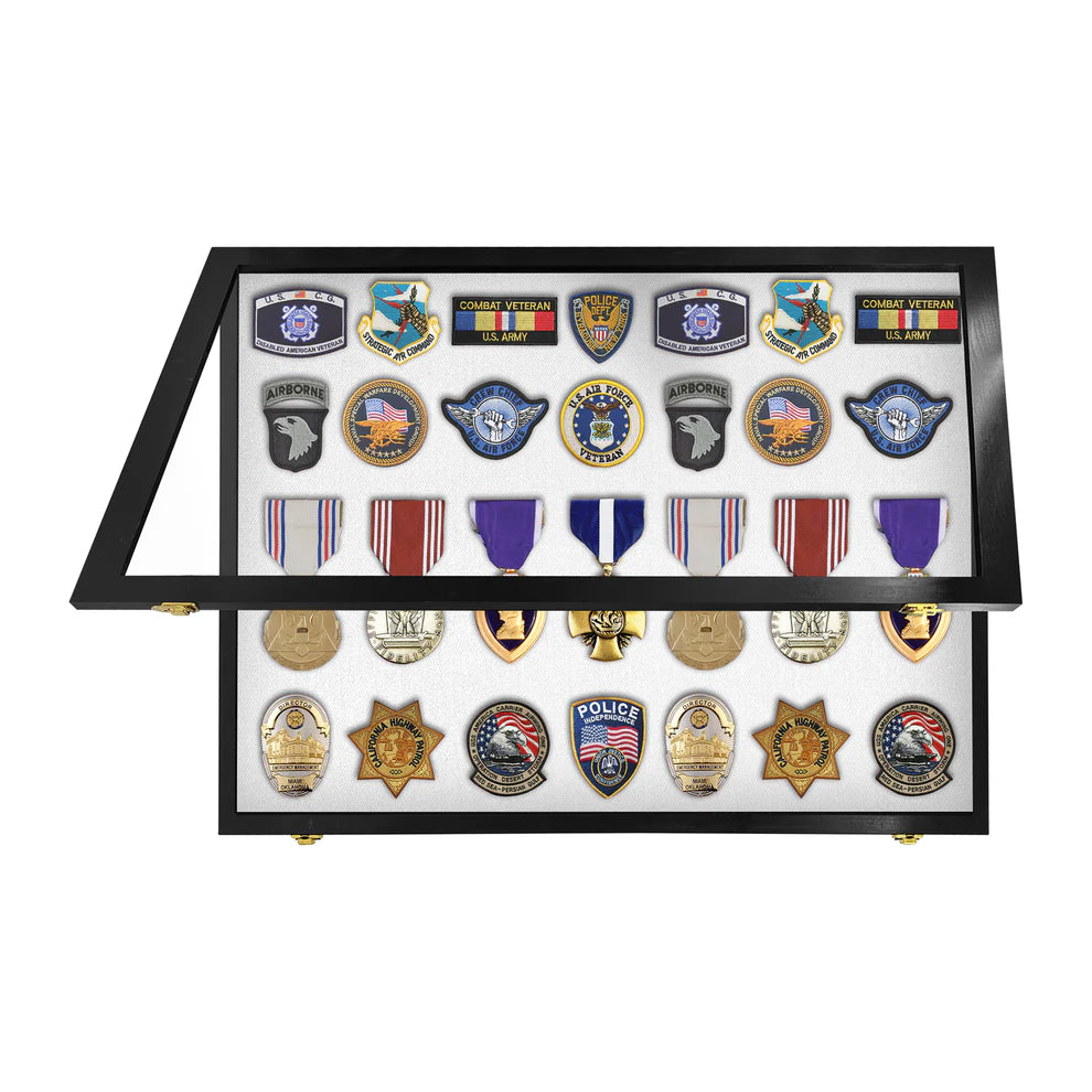 Medals, Pins, Awards, Ribbons, Insignia, & Patches Display Case - Medium UV Protection Black Wood