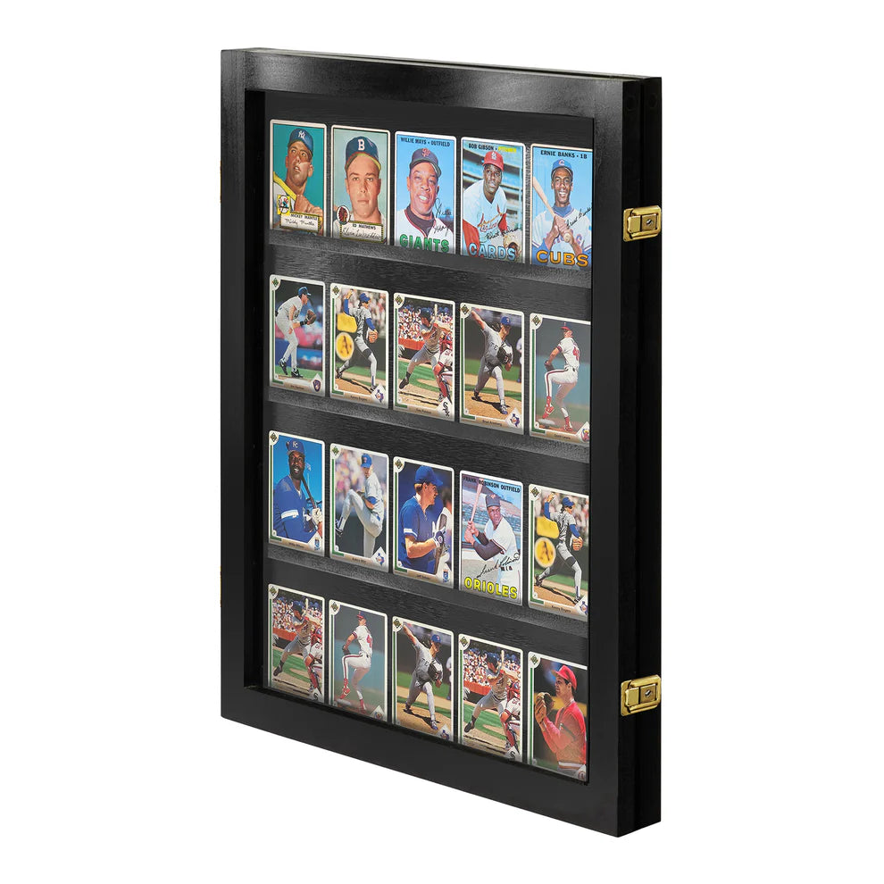 Black display case with baseball trading cards on a white background