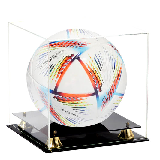 Acrylic Soccer Display Case With Black Base Gold Riser UV Protection Acrylic