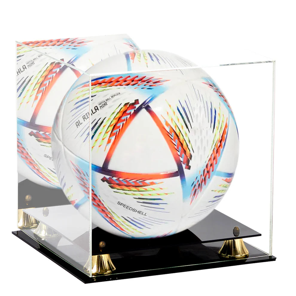 Acrylic Soccer Display Case With Black Base Gold Riser UV Protection Acrylic