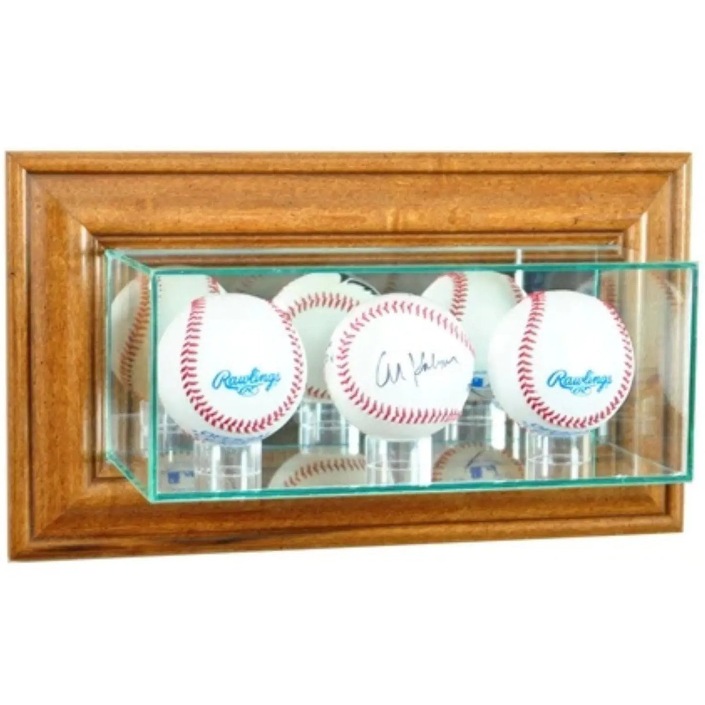 Real Glass Wall Mounted Triple Baseball Display Case Walnut