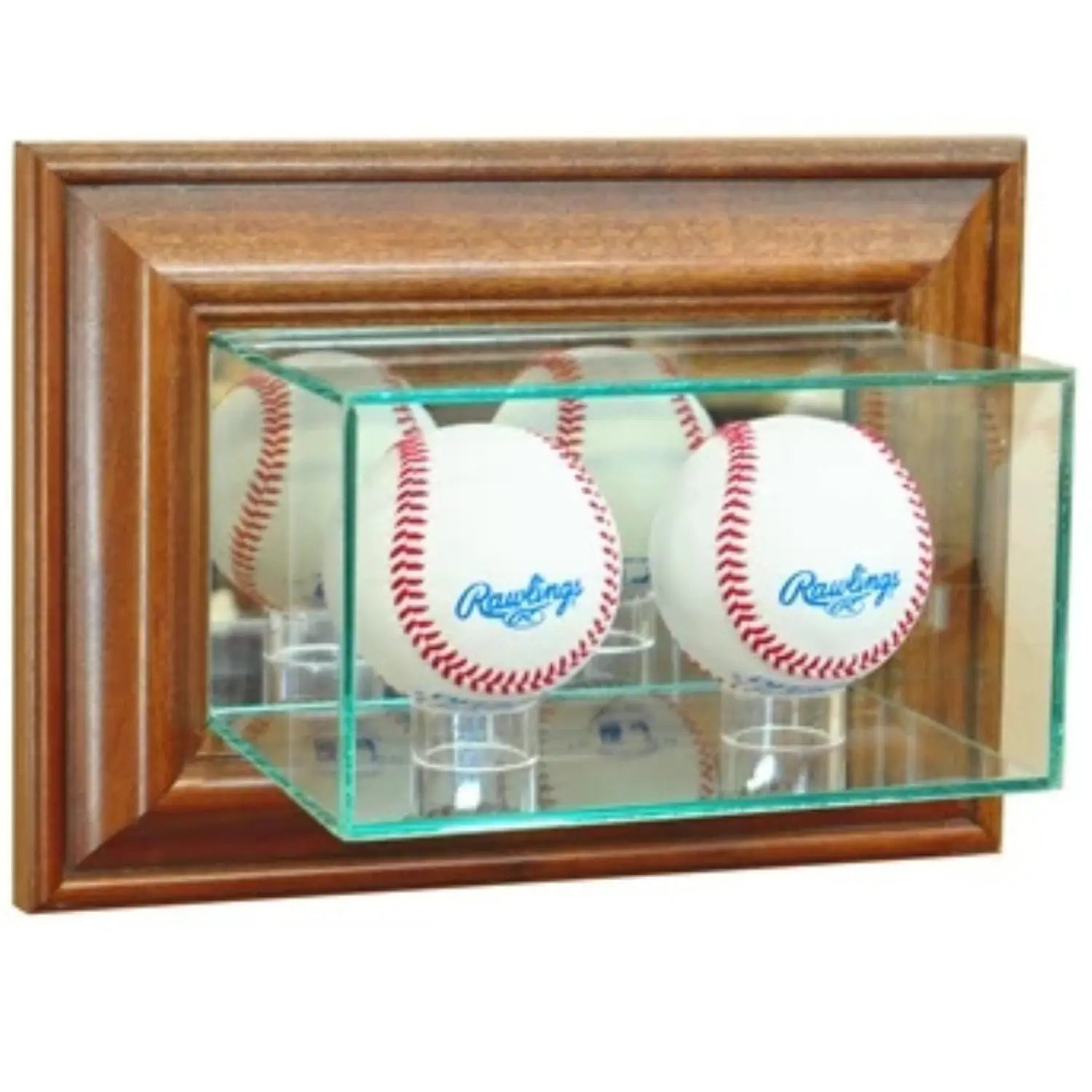Real Glass Wall Mounted Double Baseball Display Case Walnut