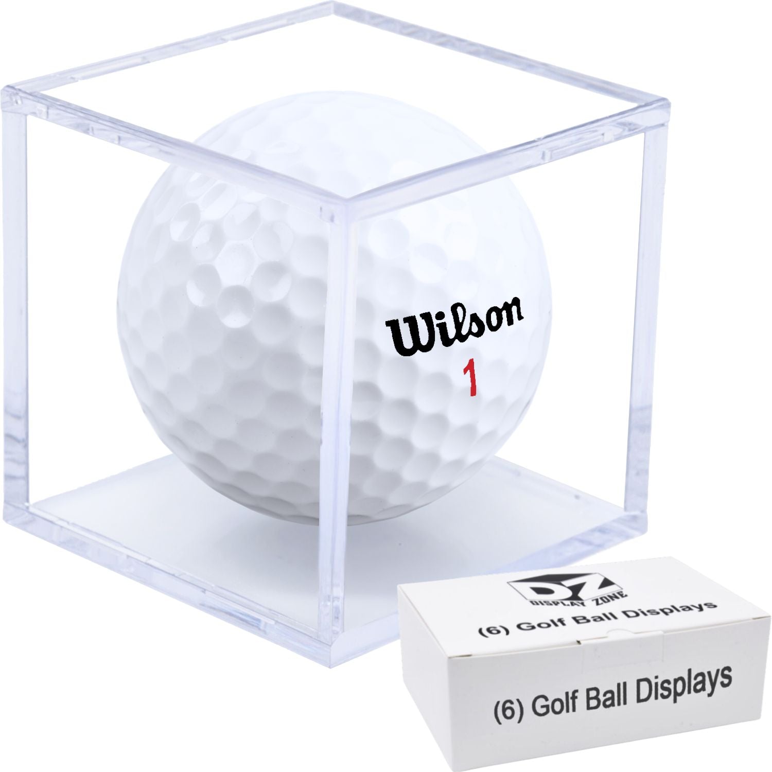 Single golf ball in a clear acrylic cube display case