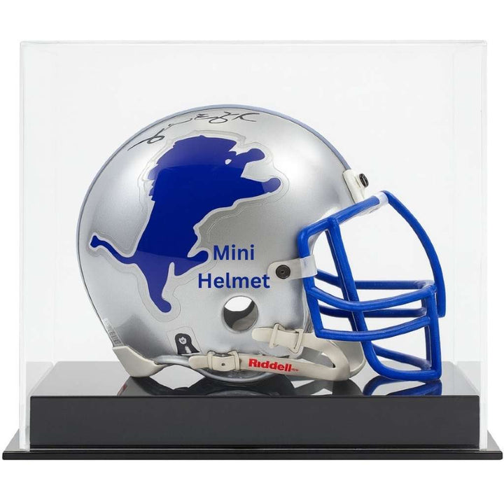 Silver mini football helmet with blue face mask and logo on a clear display case