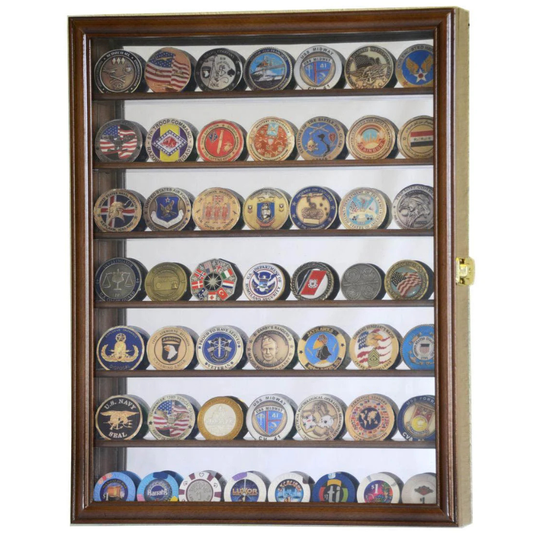 Mirrored Back Military Challenge Coin Display Case Cabinet UV Protection Walnut Wood