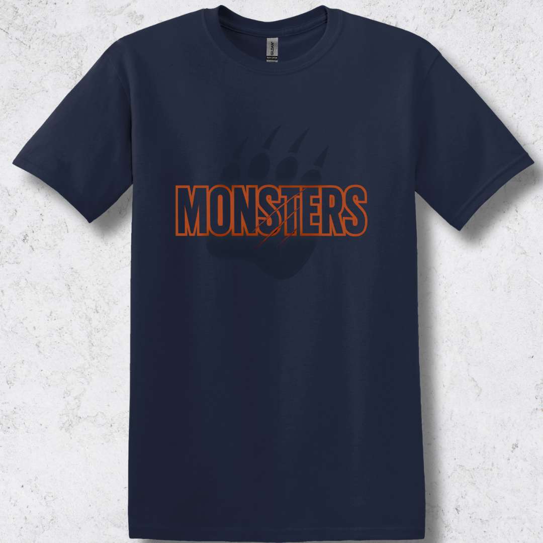 This Chicago MONSTERS shirt is the ultimate Bears fan tee, combining navy and orange colors, claw mark graphics, and a paw print backdrop for football supporters.
