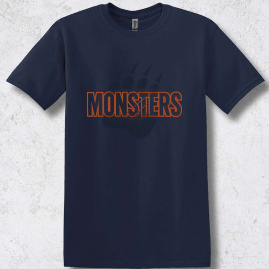 This Chicago MONSTERS shirt is the ultimate Bears fan tee, combining navy and orange colors, claw mark graphics, and a paw print backdrop for football supporters.