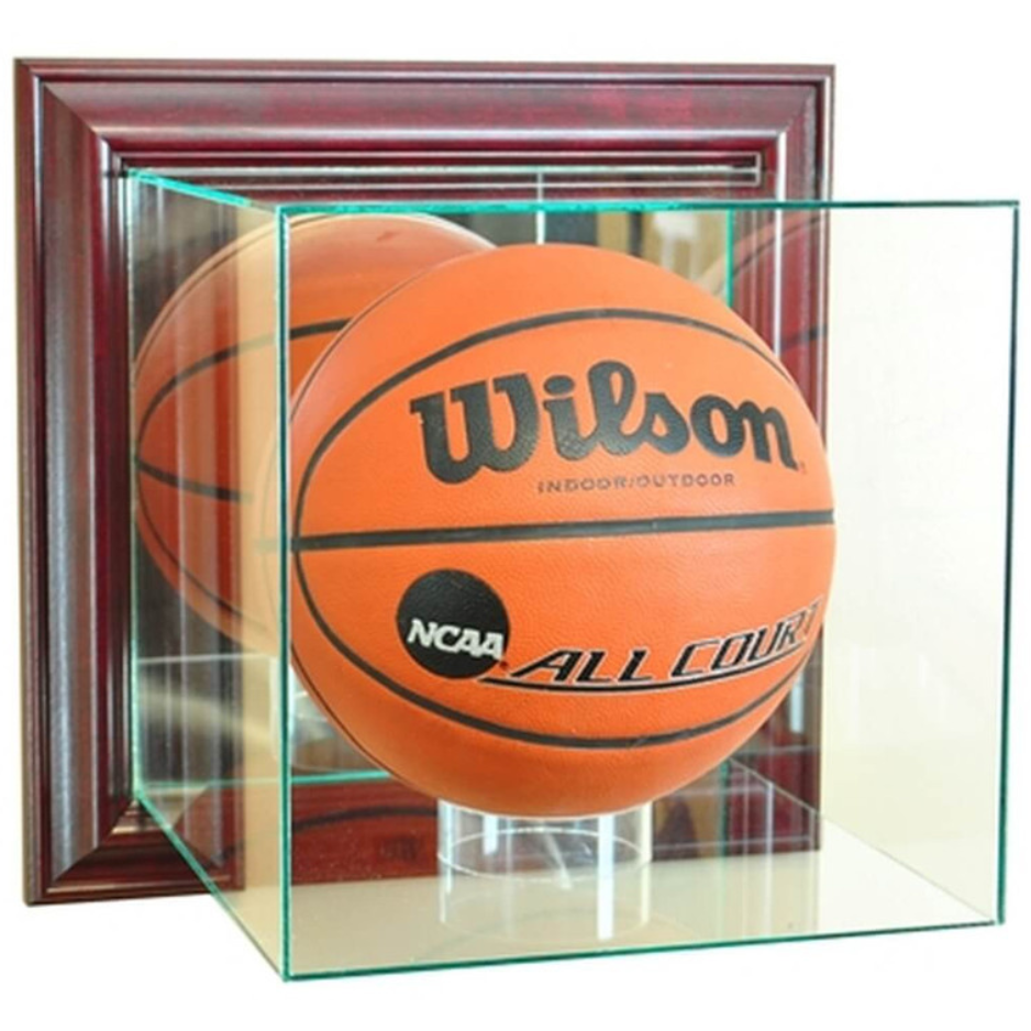 Full-size basketball displayed in a wall-mounted real-glass case with a hardwood frame and mirrored back panel
