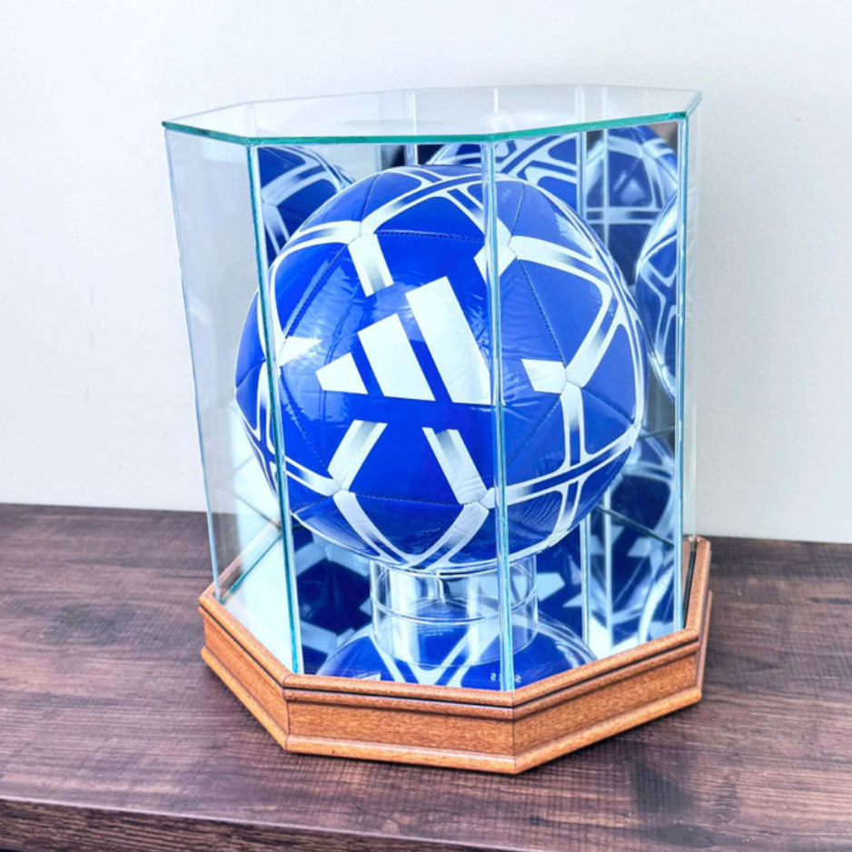 Real Glass Soccer Ball Display Case UV Protection Walnut Wood