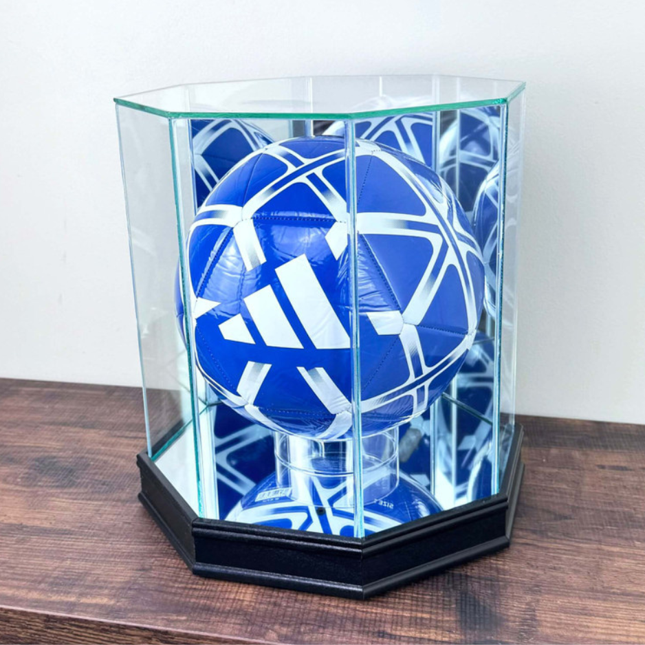Real Glass Soccer Ball Display Case UV Protection Black Wood