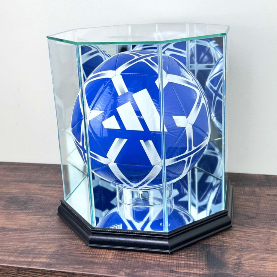 Real Glass Soccer Ball Display Case UV Protection Black Wood