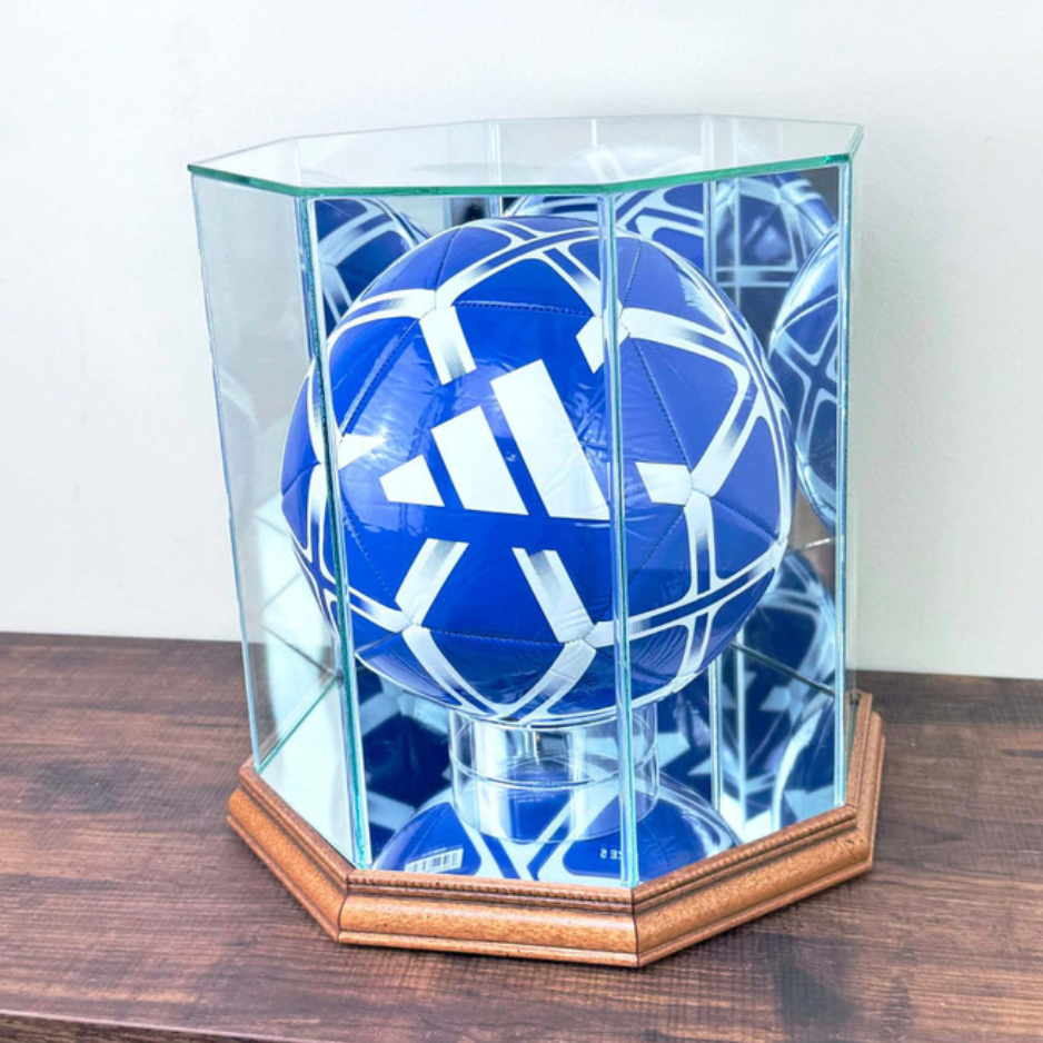 Real Glass Soccer Ball Display Case UV Protection Walnut Wood