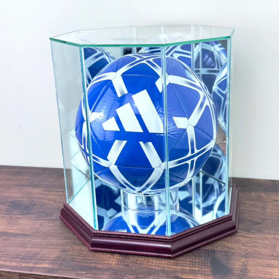 Real Glass Soccer Ball Display Case UV Protection Cherry Wood