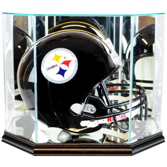 Real Glass Octagon Football Helmet Display Case UV Protection NFL Black Wood