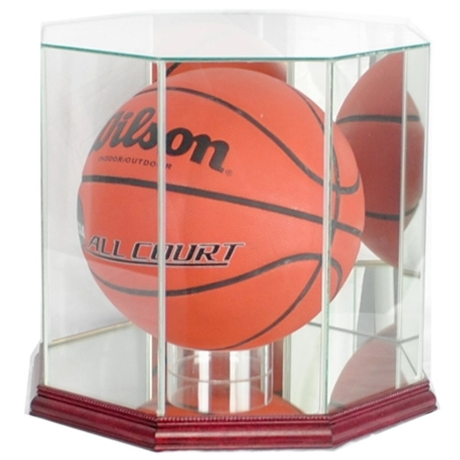 Real Glass Octagon Basketball Display Case UV Protection NBA NCAA Cherry Wood