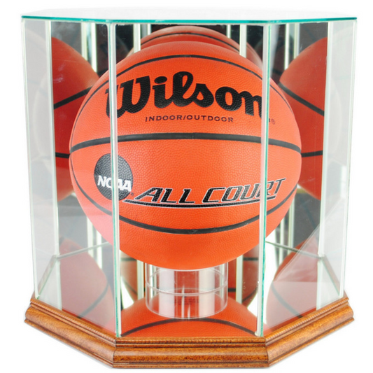 Real Glass Octagon Basketball Display Case UV Protection NBA NCAA Walnut Wood