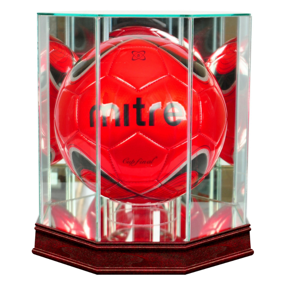 Real Glass Soccer Ball Display Case UV Protection Cherry Wood