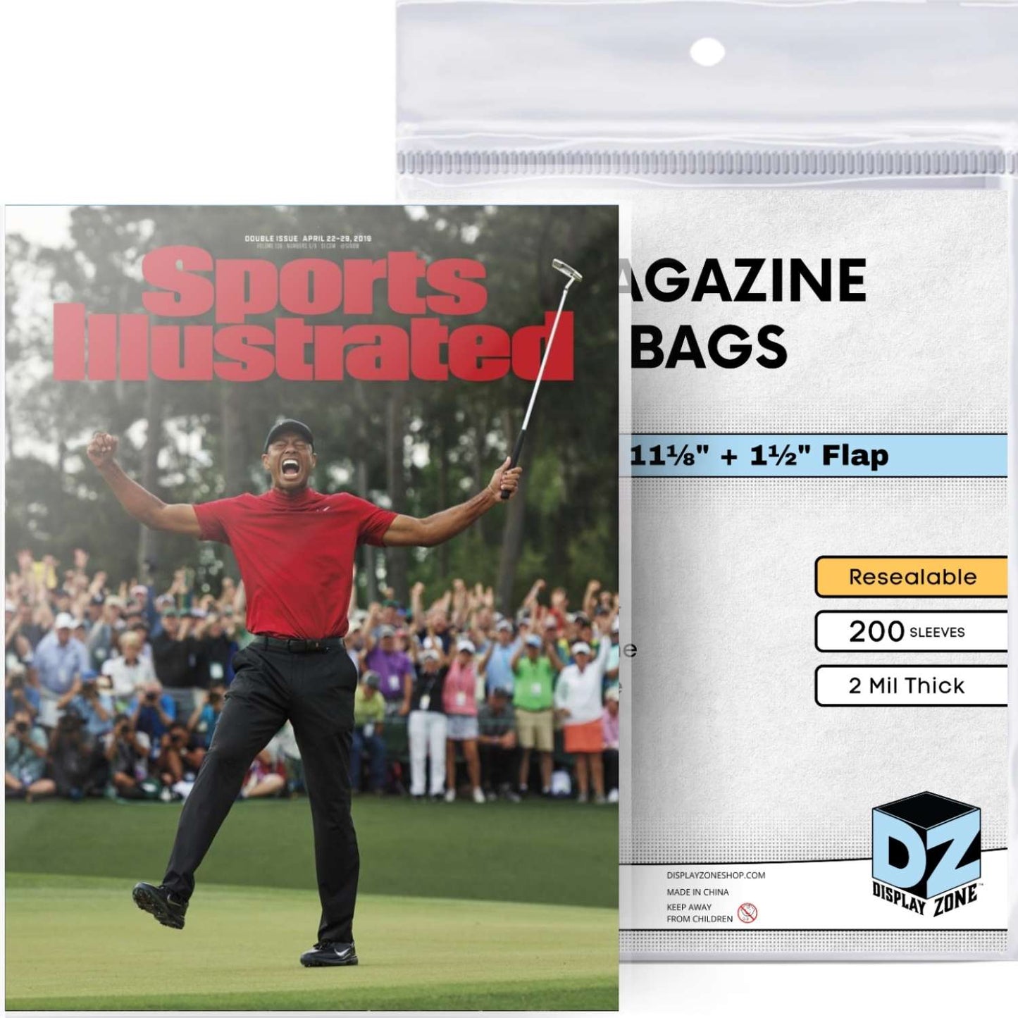 Sports Illustrated magazine cover with a golfer and a package of magazine bags.