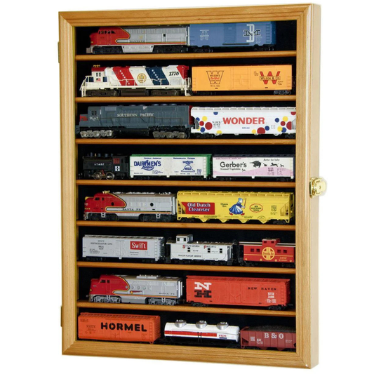 Small HO Scale Train Model Trains Locomotive Engine Display Case Cabinet UV Protection Oak Wood