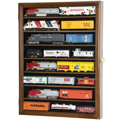 Small HO Scale Train Model Trains Locomotive Engine Display Case Cabinet UV Protection Walnut Wood