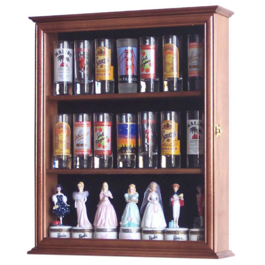 Tall Shot Glass, Shooter Display Case Cabinet UV Protection Walnut Wood